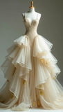 Apricot Spaghetti Straps A-Line Beaded Tulle Long Prom Dresses Classic Layered Ball Gown HZ1024