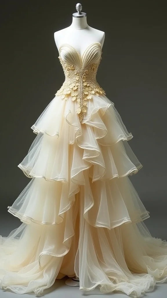 Apricot Sweetheart A-line Tulle Layered Evening Dresses with Lace Appliques HZ1024