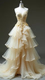 Apricot Sweetheart A-line Tulle Layered Evening Dresses with Lace Appliques HZ1024
