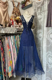 Crew Neck Tulle Mermaid Lace Applique Open Back Party Dresses HZ1024