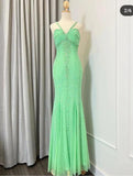 Green V-neck Mermaid Chiffon Beaded Long Prom Dress Gorgeous Evening Dress HZ1024