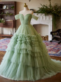 Off Shoulder Sweetheart Neck Tulle Green Long Prom Dress HZ1024