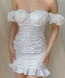 Off-the-shoulder Bodycon Pleated Short Birthday Dresses, White Homecoming Dresses HZ1024