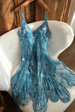 V-neck Sheath Chiffon Beaded Short Prom Dresses, Turquoise Homecoming Dresses HZ1024