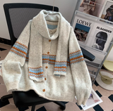 Lsle Jacquard Crew Neck Sweater Cardigan with Scarf HZ1024
