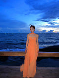 Strapless Sheath Chiffon Long Party Dresses, Orange Guest Dresses Backless Birthday Dresses HZ1024