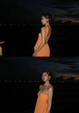 Strapless Sheath Chiffon Long Party Dresses, Orange Guest Dresses Backless Birthday Dresses HZ1024