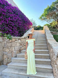 Off-the-shoulder Sheath Chiffon Long Prom Dresses, Yellow Formal Evening Dresses HZ1024