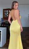 V neck Mermaid Satin Long Prom Dresses, Yellow Backless Formal Evening Dresses HZ1024