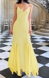 V neck Mermaid Satin Long Prom Dresses, Yellow Backless Formal Evening Dresses HZ1024