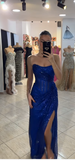 Strapless Sheath Mesh Long Prom Dresses, Royal Blue Formal Evening Dresses HZ1024