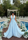 V-neck Sheath Chiffon Wedding Guest Dresses, Light Blue Formal Evening Dresses HZ1024