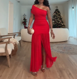 One Shoulder Sheath Chiffon Long Prom Dresses New Year's Eve Dress, Red Formal Evening Dresses HZ1024