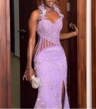 Halter Mermaid Beaded Satin Long Prom Dresses with Slits, Lilac Formal Evening Dresses HZ1024