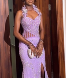 Halter Mermaid Beaded Satin Long Prom Dresses with Slits, Lilac Formal Evening Dresses HZ1024