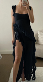 Strap Sheath Chiffon Ruffle Long Prom Dresses, Black Formal Evening Dresses HZ1024