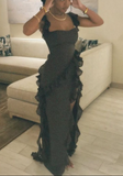 Strap Sheath Chiffon Ruffle Long Prom Dresses, Black Formal Evening Dresses HZ1024