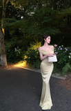Off Shoulder Mermaid Satin Long Prom Dresses, Yellow Formal Evening Dresses HZ1024