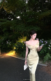Off Shoulder Mermaid Satin Long Prom Dresses, Yellow Formal Evening Dresses HZ1024