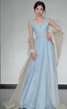V-neck A-Line Satin Long Prom Dresses, Blue Formal Evening Dresses HZ1024