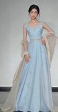 V-neck A-Line Satin Long Prom Dresses, Blue Formal Evening Dresses HZ1024