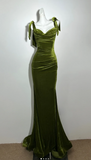 Spaghetti Strap Mermaid Velvet Long Prom Dresses, Green Formal Evening Dresses HZ1024
