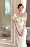 One-shoulder Mermaid Satin Long Prom Dresses, White Formal Evening Dresses HZ1024