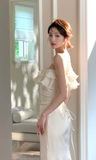 One-shoulder Mermaid Satin Long Prom Dresses, White Formal Evening Dresses HZ1024