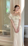 One-shoulder Mermaid Satin Long Prom Dresses, White Formal Evening Dresses HZ1024