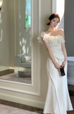 One-shoulder Mermaid Satin Long Prom Dresses, White Formal Evening Dresses HZ1024