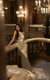 Halter Sheath Satin Long Prom Dresses, White Backless Formal Evening Dresses HZ1024