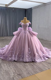 Off-the-shoulder Ball Gown Tulle Applique Long Prom Dresses Purple Sweet 16 Dress Quinceanera Dresses HZ1024