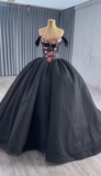 Off-the-shoulder Ball Gown Satin Long Prom Dresses Black Sweet 16 Dress Quinceanera Dresses HZ1024