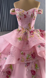 Off-the-shoulder Ball Gown Tulle Applique Long Prom Dresses Pink Sweet 16 Dress Quinceanera Dresses HZ1024