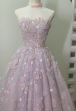 Strapless A-Line Lace Applique Long Prom Dresses Pink Sweet 16 Dress Beaded Quinceanera Dresses HZ1024