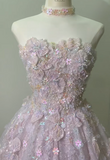 Strapless A-Line Lace Applique Long Prom Dresses Pink Sweet 16 Dress Beaded Quinceanera Dresses HZ1024