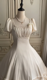 Square Neck Ball Gown Satin Short Birthday Dresses White Sweet Lolita Dresses HZ1024