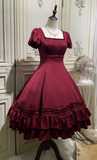 Square Neck Ball Gown Satin Ruffle Short Birthday Dresses Burgundy Lolita Dresses HZ1024