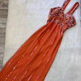 Spaghetti Straps Sheath Beaded Chiffon Prom Dresses, Orange Formal Evening Dresses HZ1024