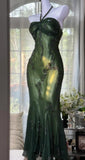 Halter Mermaid Long Prom Dresses Chiffon Beaded Dark Green Long Formal Dresses HZ1024