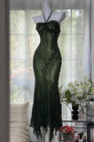 Halter Mermaid Long Prom Dresses Chiffon Beaded Dark Green Long Formal Dresses HZ1024