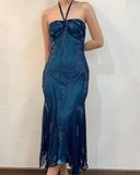Halter Mermaid Long Prom Dresses Chiffon Beaded Dark Green Long Formal Dresses HZ1024