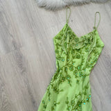 Spaghetti Strap Sheath Long Prom Dresses Vintage Chiffon Beaded Green Formal Dresses HZ1024