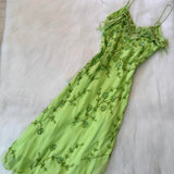 Spaghetti Strap Sheath Long Prom Dresses Vintage Chiffon Beaded Green Formal Dresses HZ1024