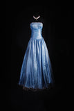 Spaghetti Strap A-Line Long Prom Dresses Lace Satin Gray Blue Formal Dresses HZ1024