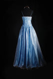 Spaghetti Strap A-Line Long Prom Dresses Lace Satin Gray Blue Formal Dresses HZ1024