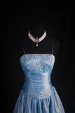 Spaghetti Strap A-Line Long Prom Dresses Lace Satin Gray Blue Formal Dresses HZ1024