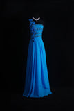 One Shoulder Sheath Long Prom Dresses Chiffon Blue Formal Dresses Beaded Wedding Guest Dresses HZ1024