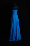 One Shoulder Sheath Long Prom Dresses Chiffon Blue Formal Dresses Beaded Wedding Guest Dresses HZ1024