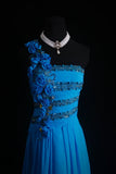 One Shoulder Sheath Long Prom Dresses Chiffon Blue Formal Dresses Beaded Wedding Guest Dresses HZ1024